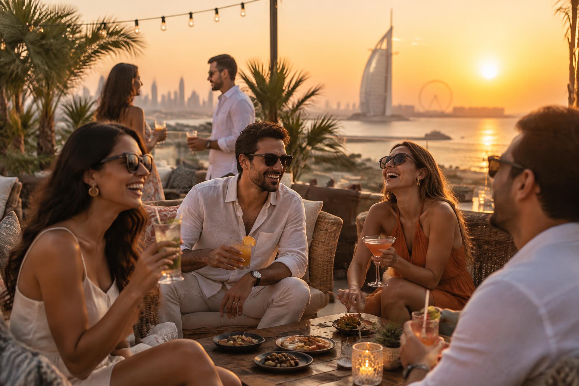 Candlelit reception table by the water at blue hour, with the Dubai skyline behind